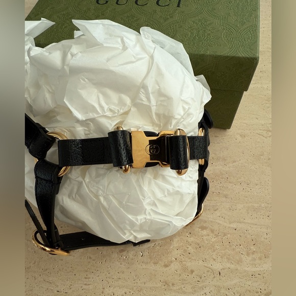 NWB Gucci GG Logo Black Leather Pet - Dog Harness with Gold Buckles Size M - Picture 13 of 16